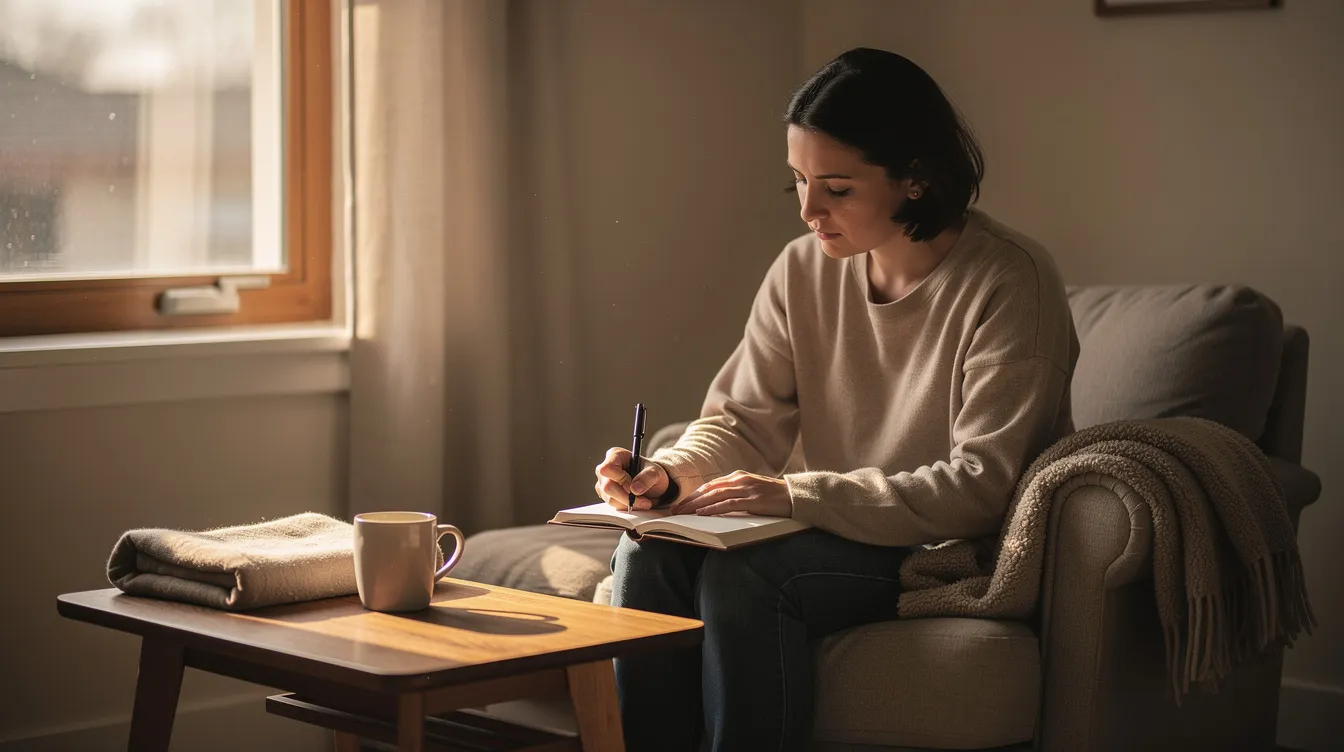 A person is seated in a serene environment, writing in a journal bathed in natural light, symbolizing emotional processing and support during their recovery journey. This scene reflects the importance of emotional wellbeing and the healing process in the context of physical rehabilitation and ongoing support for those overcoming severe trauma.