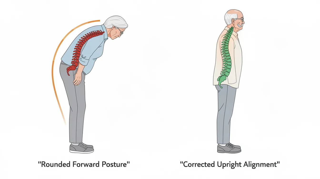 The image displays a side-by-side comparison of an older adult exhibiting rounded forward posture on one side and corrected upright spinal alignment on the other, highlighting the importance of chiropractic care for maintaining independence and alleviating joint pain. This visual emphasizes the benefits of better posture and spinal health in promoting a fulfilling lifestyle and enhancing overall well-being in seniors.