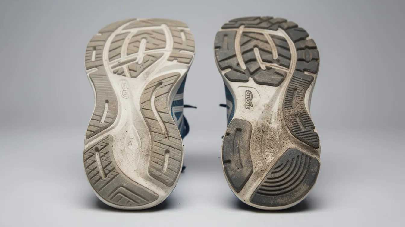 The image showcases a close-up comparison of shoe soles, highlighting distinct wear patterns indicative of overpronation and supination, which can contribute to knee pain and other gait abnormalities. These uneven wear patterns reflect poor biomechanics that may affect walking patterns and lead to discomfort in the knees and feet.