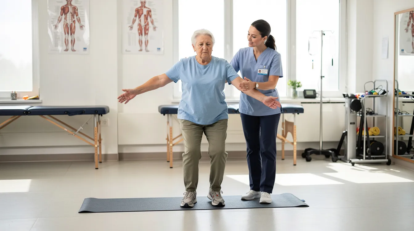 An older adult is engaged in a gentle balance exercise with the guidance of a therapist in a bright clinical setting, emphasizing the importance of physical rehabilitation and emotional support in the recovery journey. This supportive environment promotes healing and encourages body awareness, helping to regain confidence and improve outcomes.