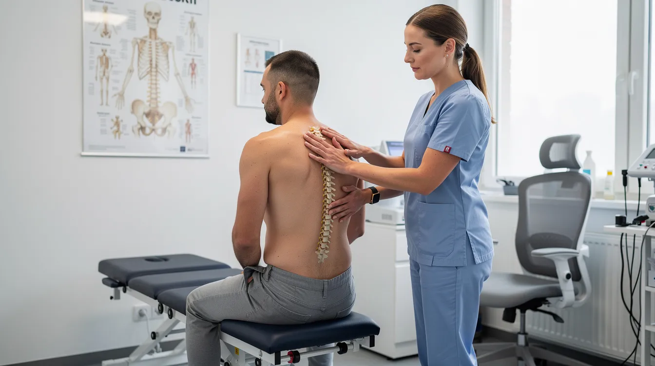 A chiropractor is seen conducting a thorough spinal assessment on a patient in a modern clinical setting, emphasizing the importance of clinical reasoning skills and physical examination in achieving optimal patient outcomes. The focus on evidence-based approaches highlights the critical thinking and diagnostic reasoning necessary for effective patient care.