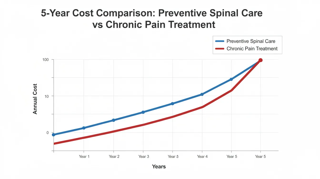 The image is a comparison chart illustrating the cost trajectories of preventive chiropractic care versus chronic pain treatment over five years, highlighting the long-term benefits of maintaining spinal health through regular chiropractic adjustments. This proactive approach emphasizes the importance of proper spinal alignment to prevent chronic pain conditions and improve overall well-being.