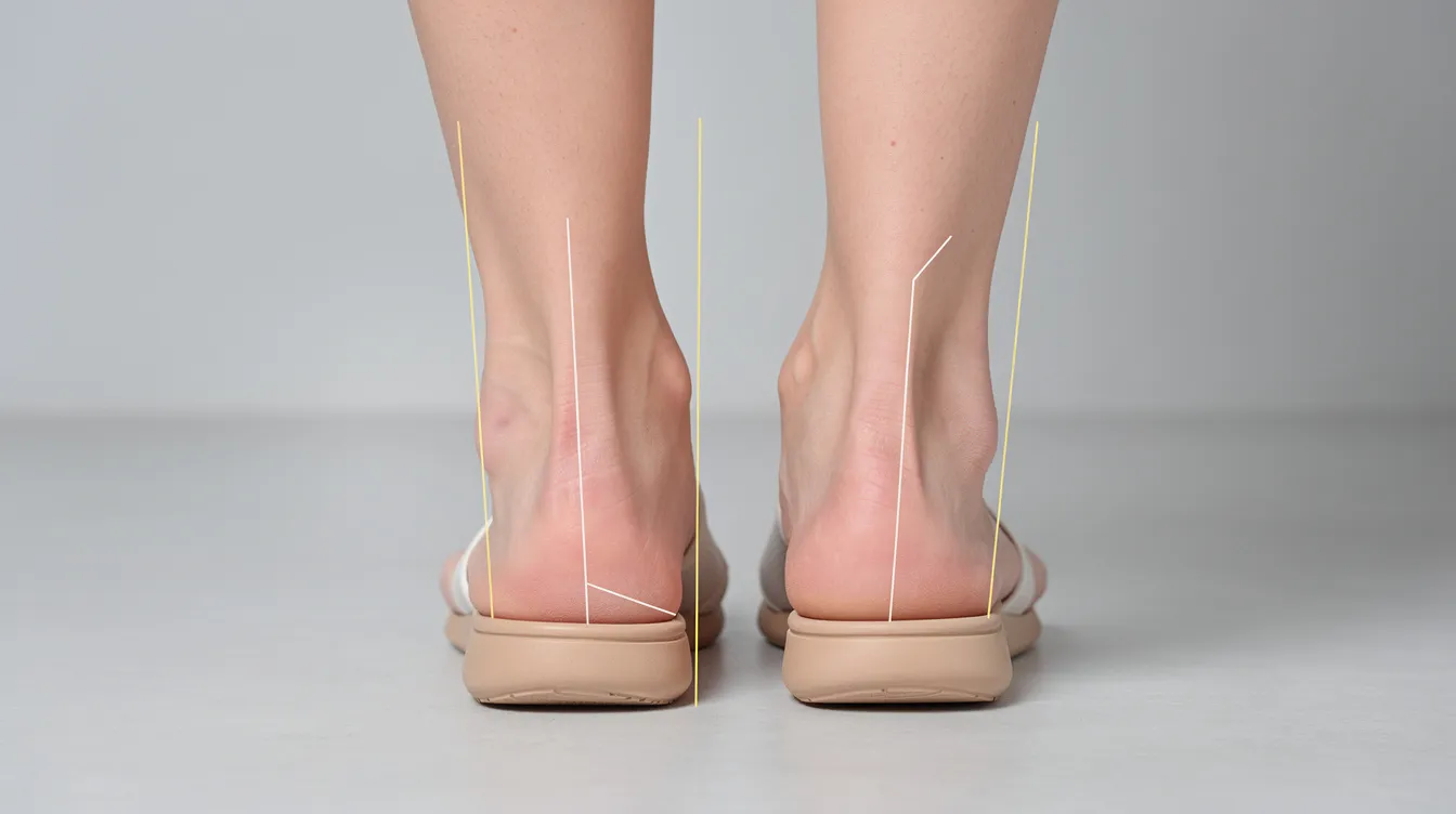 The image shows a rear view comparison of normal rearfoot alignment and an overpronated position while standing, highlighting the differences in biomechanics that can contribute to knee pain and abnormal gait. This visual representation emphasizes the importance of proper foot mechanics in maintaining balance and preventing discomfort in the knees and other joints.