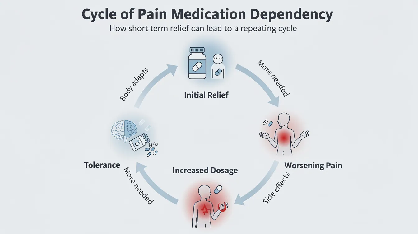 An infographic depicting the cycle of pain medication dependency, illustrating how initial pain relief from prescribed opioids can lead to tolerance, requiring increased dosages, which ultimately results in worsening chronic low back pain and other health problems. The visual emphasizes the risks of long-term opioid use and the importance of exploring appropriate treatment options for managing pain effectively.