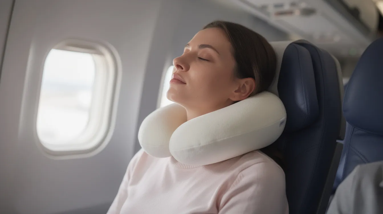 A senior traveler is peacefully sleeping on an airplane, supported by a contoured neck pillow that ensures proper cervical spine alignment, demonstrating a practical travel tip for maintaining physical health during long haul flights. This image highlights the importance of comfort and mobility aids for older adults while traveling internationally.