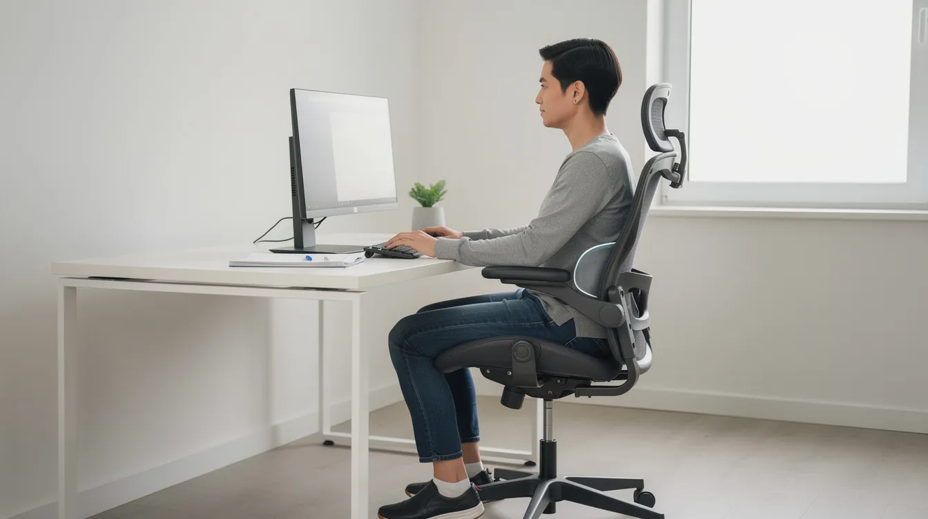 The image depicts an ergonomic workstation setup designed to promote proper spinal alignment, featuring an adjustable monitor at eye level, a chair with lumbar support, and an optimal seating position to improve posture. This setup is essential for scoliosis management, helping to reduce discomfort and prevent further progression of spinal curvature in adults.
