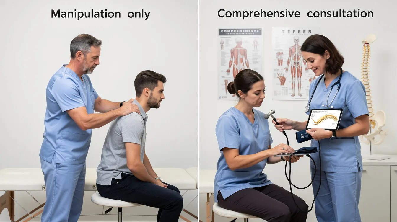 The image shows a split view comparison between a brief manipulation-only visit and a comprehensive consultation that includes examination tools. The left side illustrates a quick adjustment, while the right side emphasizes a thorough clinical reasoning process, highlighting the importance of patient safety and effective diagnostic reasoning in clinical practice.