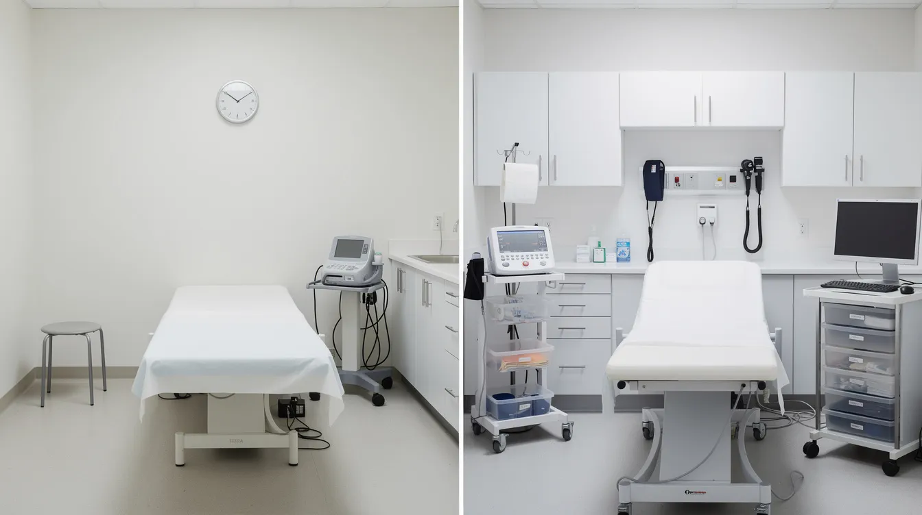 The image shows a side-by-side comparison of a minimal treatment room, featuring basic equipment and a simple layout, alongside a fully equipped clinical assessment space with advanced diagnostic tools and a structured environment for patient care. This juxtaposition highlights the importance of clinical reasoning skills and the effective use of clinical practice in enhancing patient outcomes and safety.