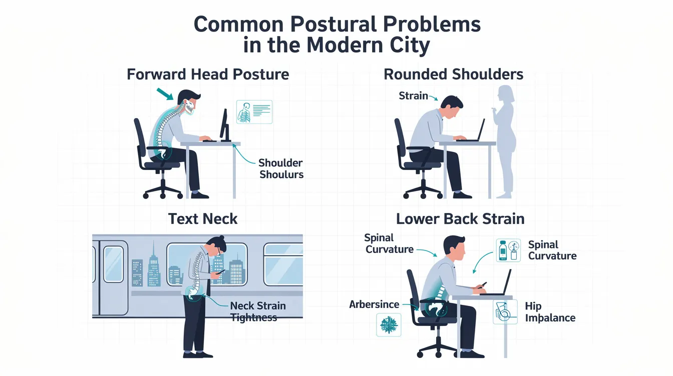 The infographic illustrates common postural problems associated with prolonged desk work and smartphone use in an urban environment, highlighting the importance of maintaining spinal health to prevent chronic pain. It emphasizes the benefits of regular chiropractic care and proactive approaches to support proper spinal alignment and overall well-being.