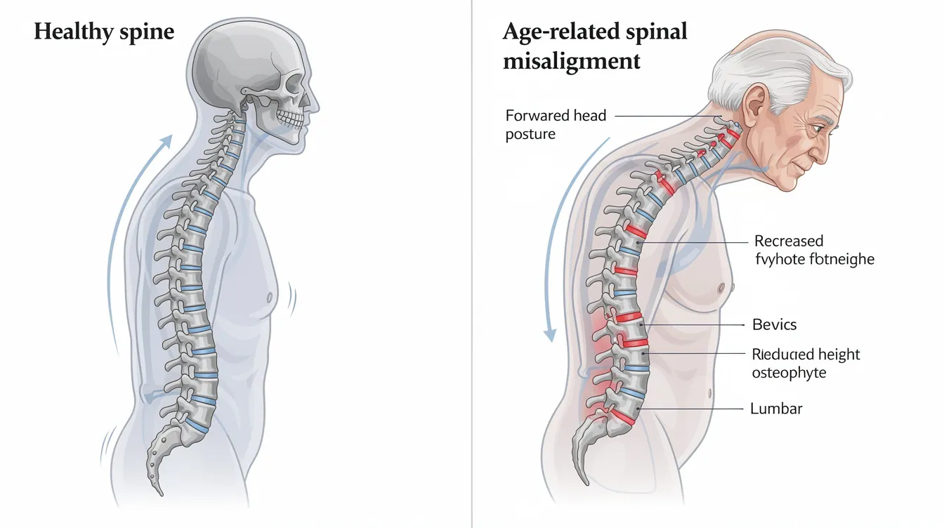 The image compares healthy spinal alignment with age-related spinal misalignment, highlighting the importance of maintaining balance to reduce fall risk in older adults. It emphasizes how chiropractic adjustments can play a vital role in improving posture and overall well-being, which are essential for fall prevention strategies.