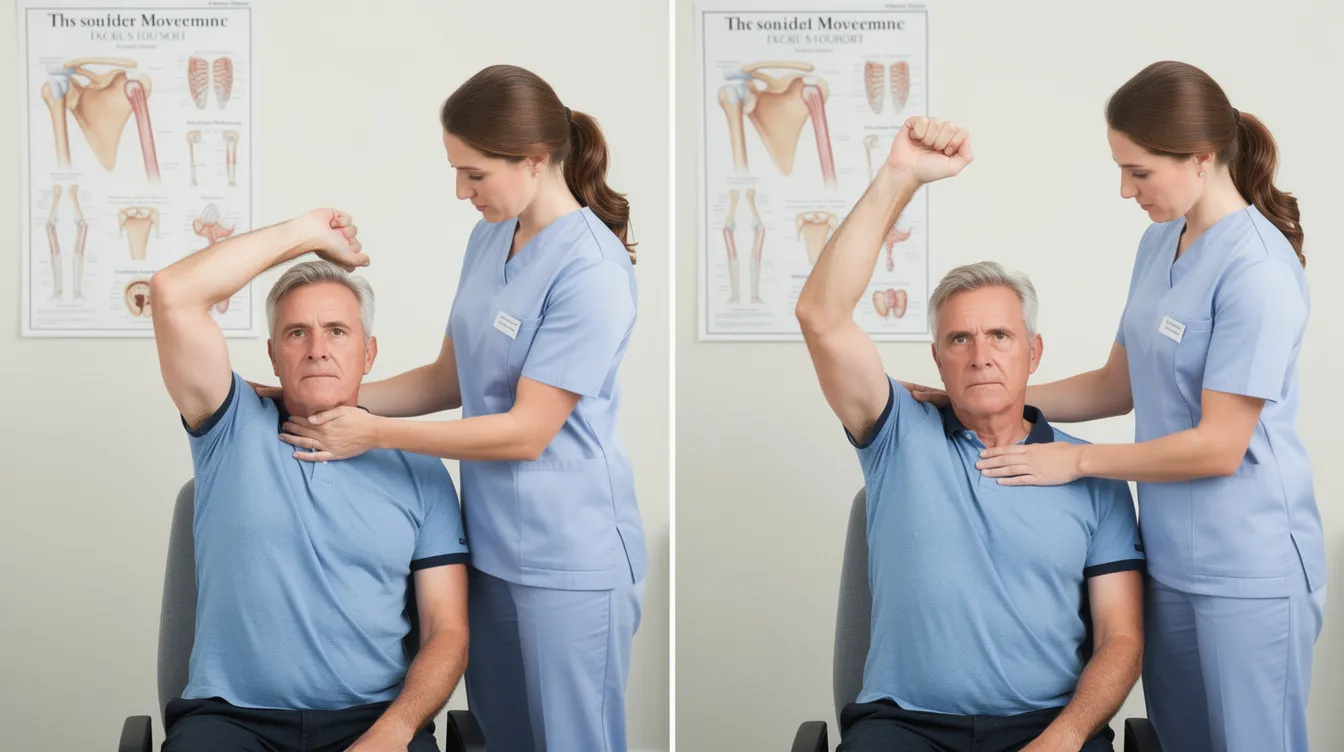 The image shows a clinician demonstrating passive and active shoulder movement testing by gently moving a patient's arm to assess shoulder mobility and identify potential issues such as rotator cuff injuries or frozen shoulder. This examination helps in diagnosing conditions that may cause shoulder pain and restrict movement.