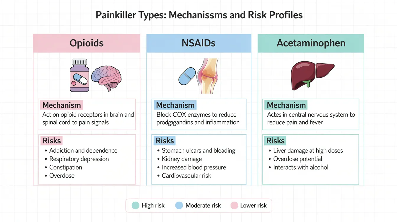 The image is a visual comparison chart illustrating various types of painkillers, including opioids, NSAIDs, and acetaminophen, along with their mechanisms and associated risk profiles. It highlights the differences in how these medications provide pain relief for conditions like chronic low back pain and the potential dangers of long-term opioid use, such as addiction and serious side effects.