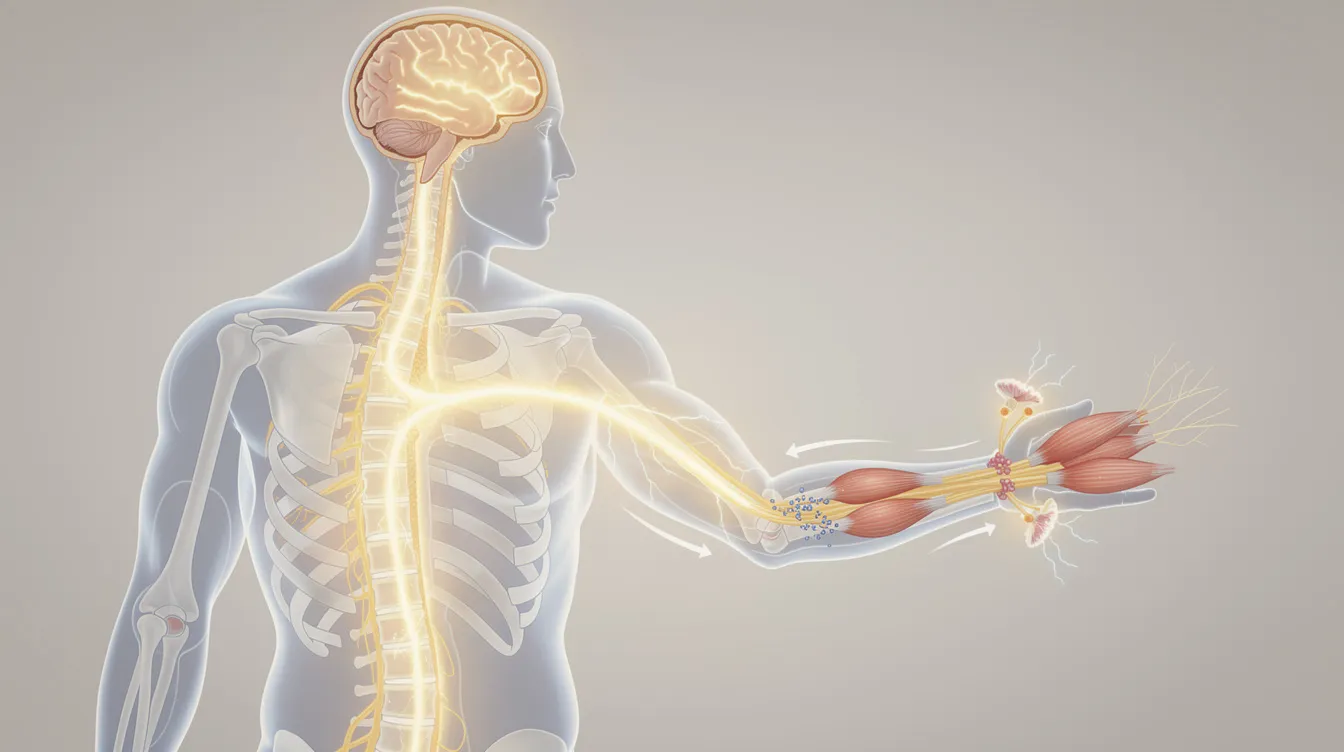 The illustration depicts the transmission of nerve signals from the brain through the spinal cord to the muscles, highlighting the central nervous system's role in maintaining a healthy nervous system. It emphasizes how effective communication between nerve cells is crucial for physical health, pain relief, and overall well-being.