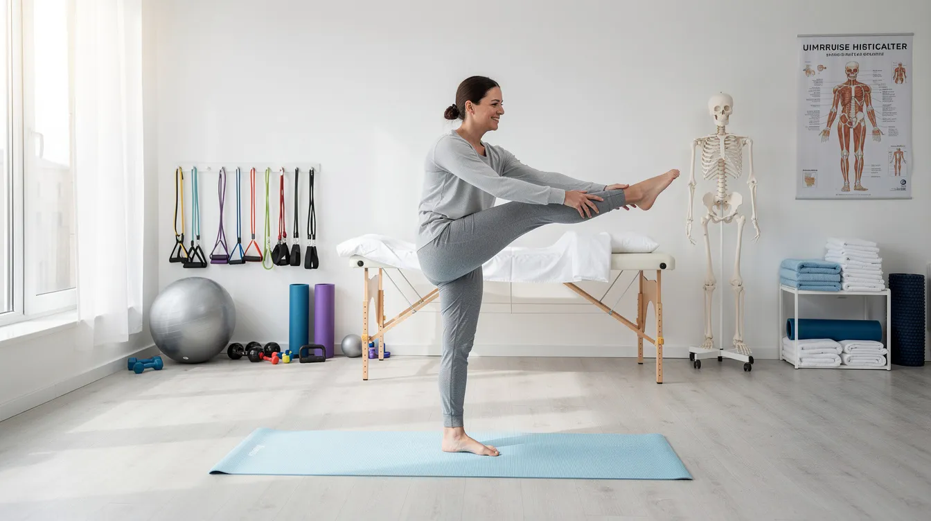 A person is performing gentle stretching exercises in a bright physiotherapy clinic, focusing on improving flexibility and reducing joint stiffness. This low-impact exercise aims to enhance circulation and promote the body's natural healing process, which is essential for managing chronic pain and improving overall function.