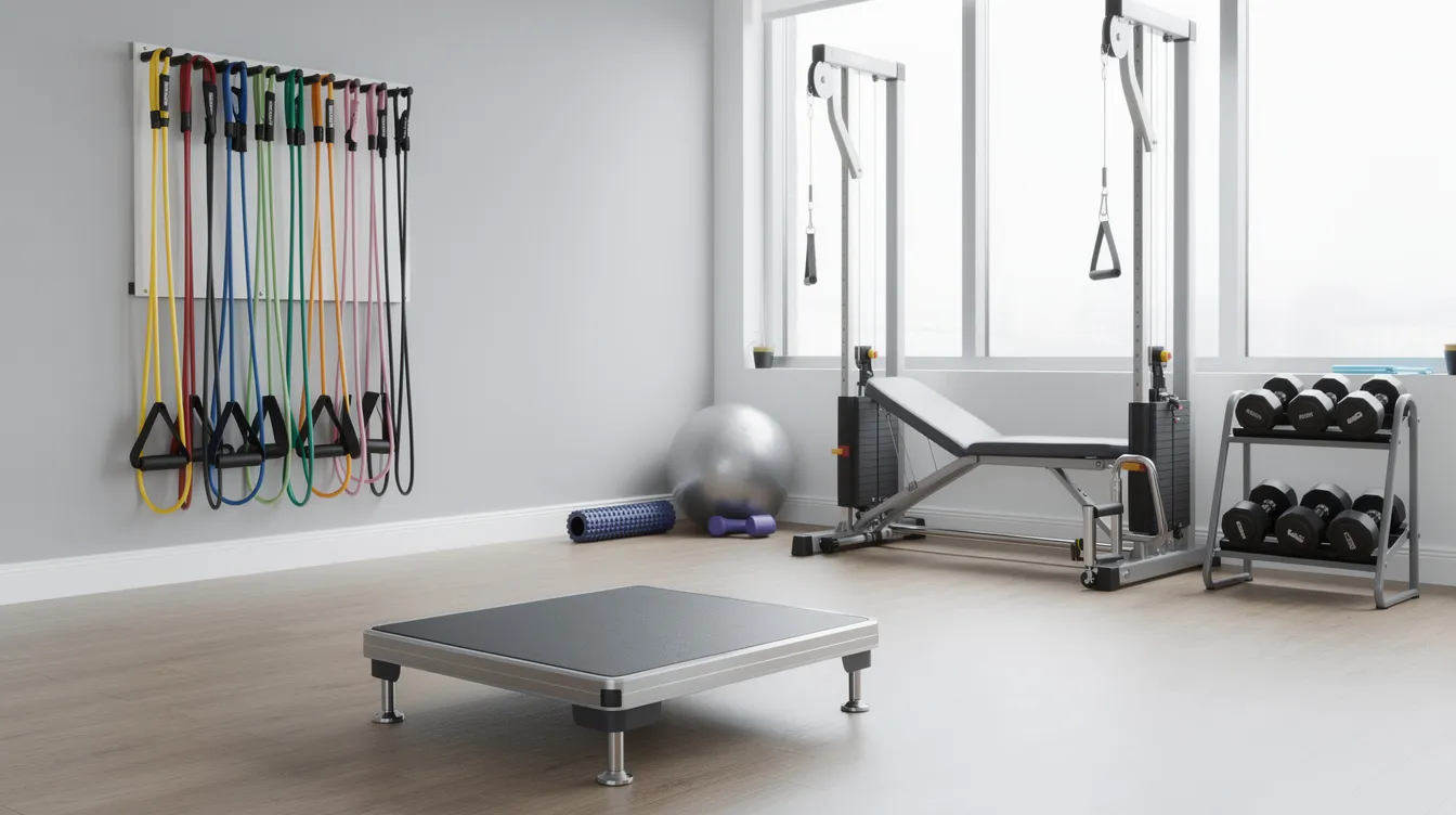 The image depicts a rehabilitation space equipped with various exercise tools, including resistance bands and a balance platform, designed to promote healing and support individuals in their recovery journey after severe trauma. This supportive environment emphasizes physical rehabilitation and emotional wellbeing, encouraging patients to regain confidence and improve their physical strength through personalized care and ongoing support.