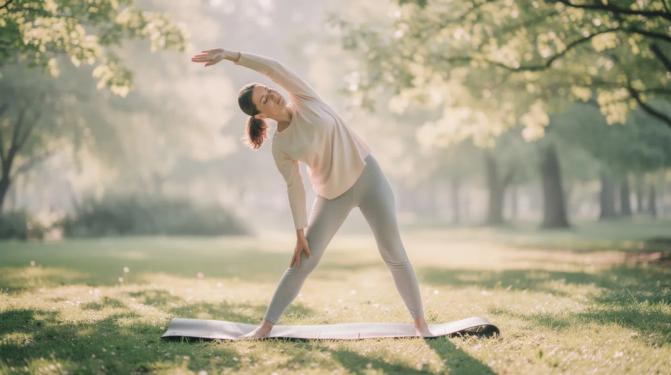A person is performing gentle stretching exercises in a bright, natural setting, displaying a calm expression that reflects their focus on holistic health and overall well-being. This scene emphasizes the importance of physical activity as a coping strategy for managing chronic pain and enhancing mental health.