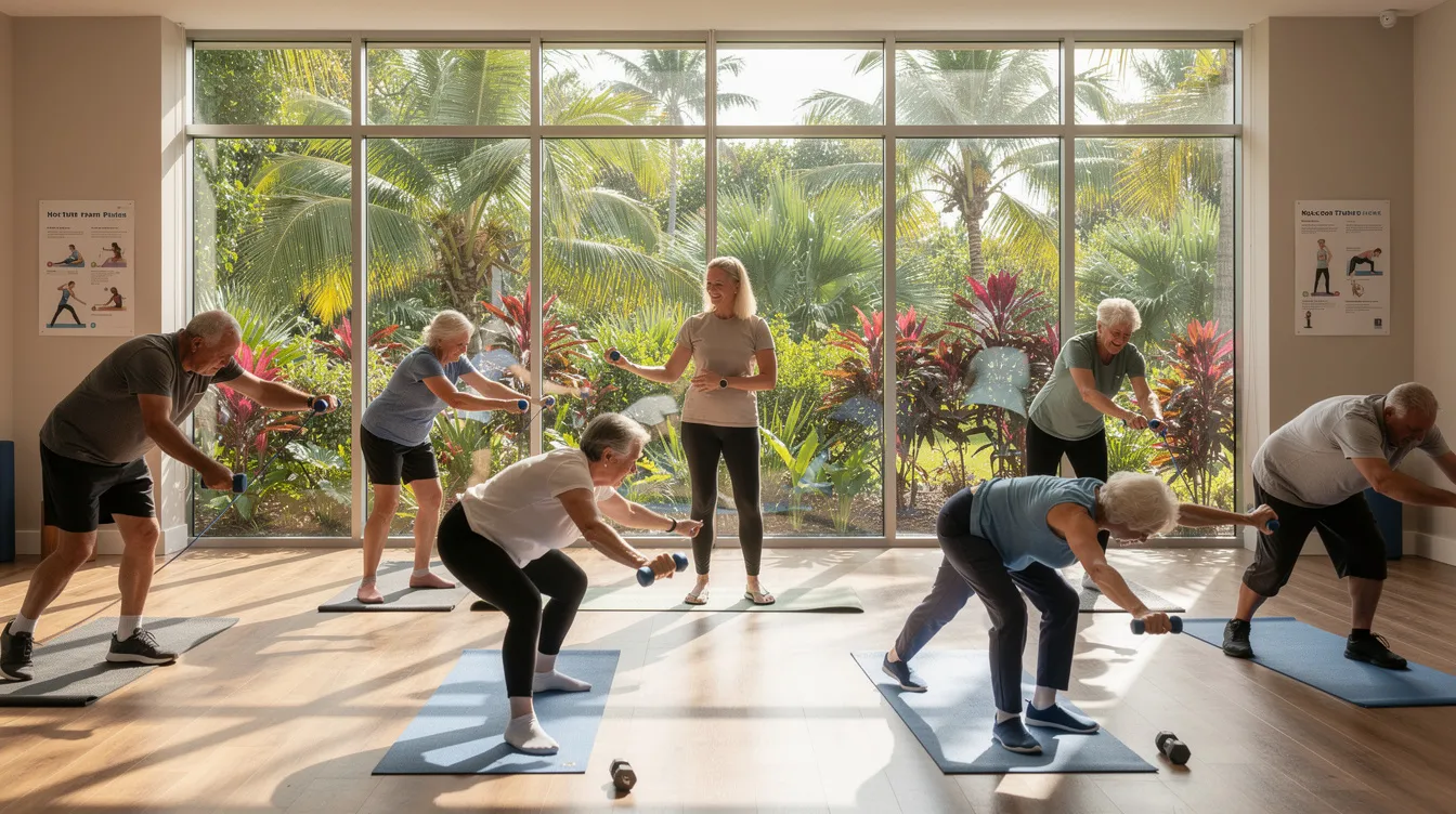 A group of seniors is exercising together in a bright community centre with large windows that showcase lush tropical greenery outside. This scene highlights the importance of active ageing and physical activity in promoting independence and health among older adults in the community.