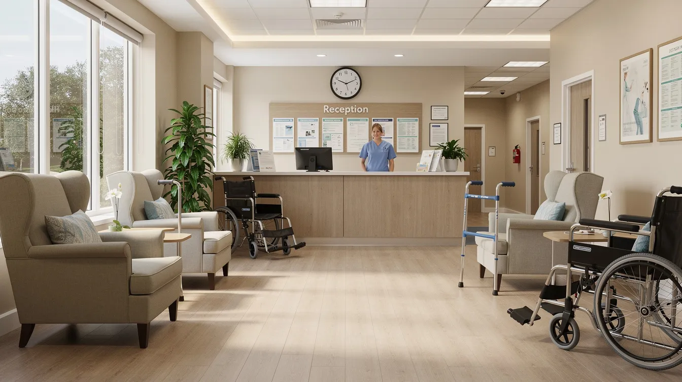 The image depicts a welcoming healthcare clinic reception area, filled with natural light and featuring comfortable seating designed for elderly visitors, promoting active ageing and independence. The space is thoughtfully arranged to support seniors with mobility issues, encouraging a sense of community and well-being among older adults.