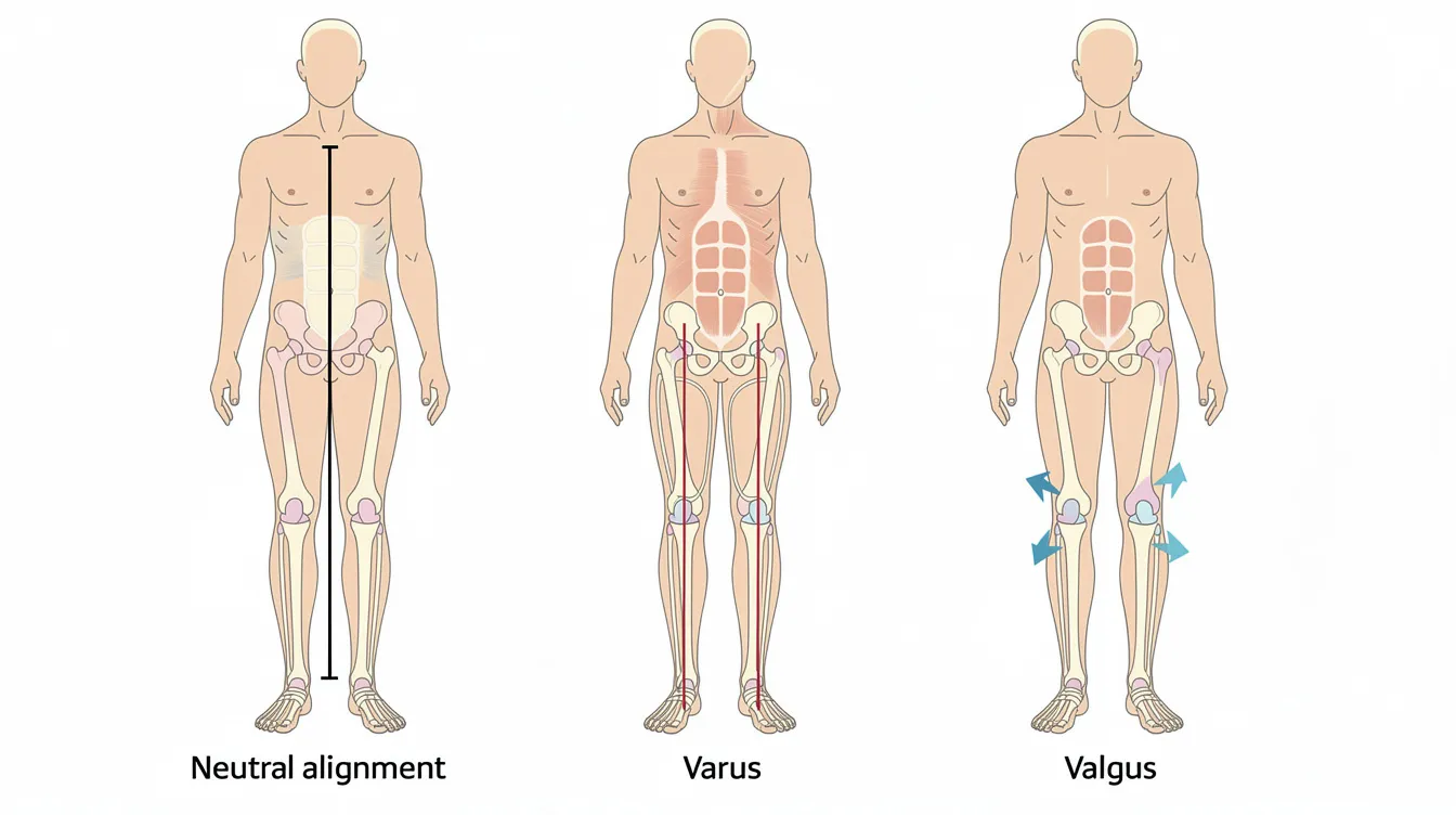 The image shows a side-by-side comparison of neutral leg alignment and the altered positions of varus and valgus knees while standing, highlighting how improper knee alignment can lead to joint stress and potential knee pain. This illustration emphasizes the importance of maintaining healthy knee joints for overall joint health and function.