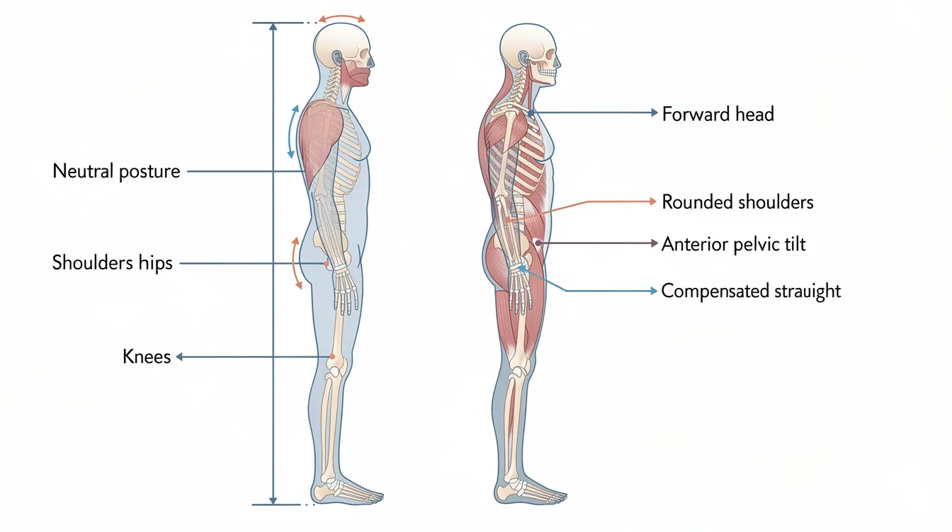 The image shows a side-by-side comparison of a properly aligned standing posture and a compensated posture characterized by forward head, rounded shoulders, and anterior pelvic tilt. This visual representation highlights how poor posture can lead to chronic pain conditions, muscle imbalances, and increased tension in the neck and back, emphasizing the importance of maintaining good posture for overall musculoskeletal health.