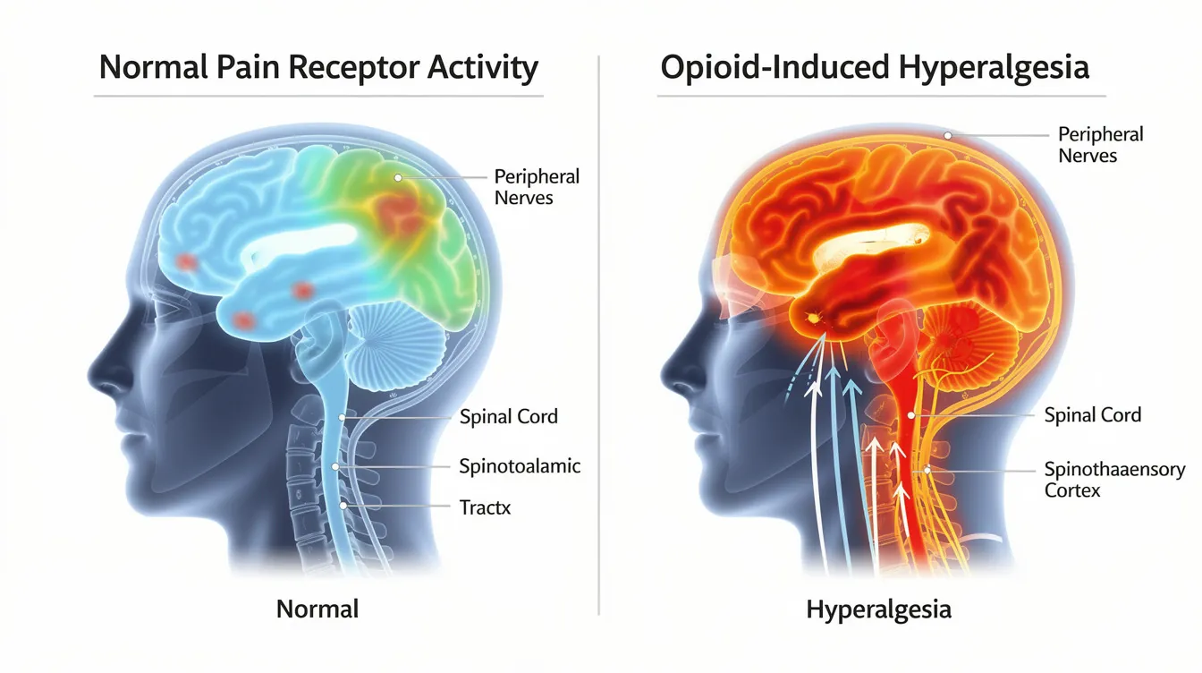 The image illustrates a brain scan comparison, showcasing normal pain receptor activity alongside heightened activity due to opioid-induced hyperalgesia, highlighting the complexities of managing chronic pain and the risks associated with long-term opioid use for pain relief. This visual representation emphasizes the importance of understanding pain signals and exploring appropriate treatment options for conditions like chronic low back pain.