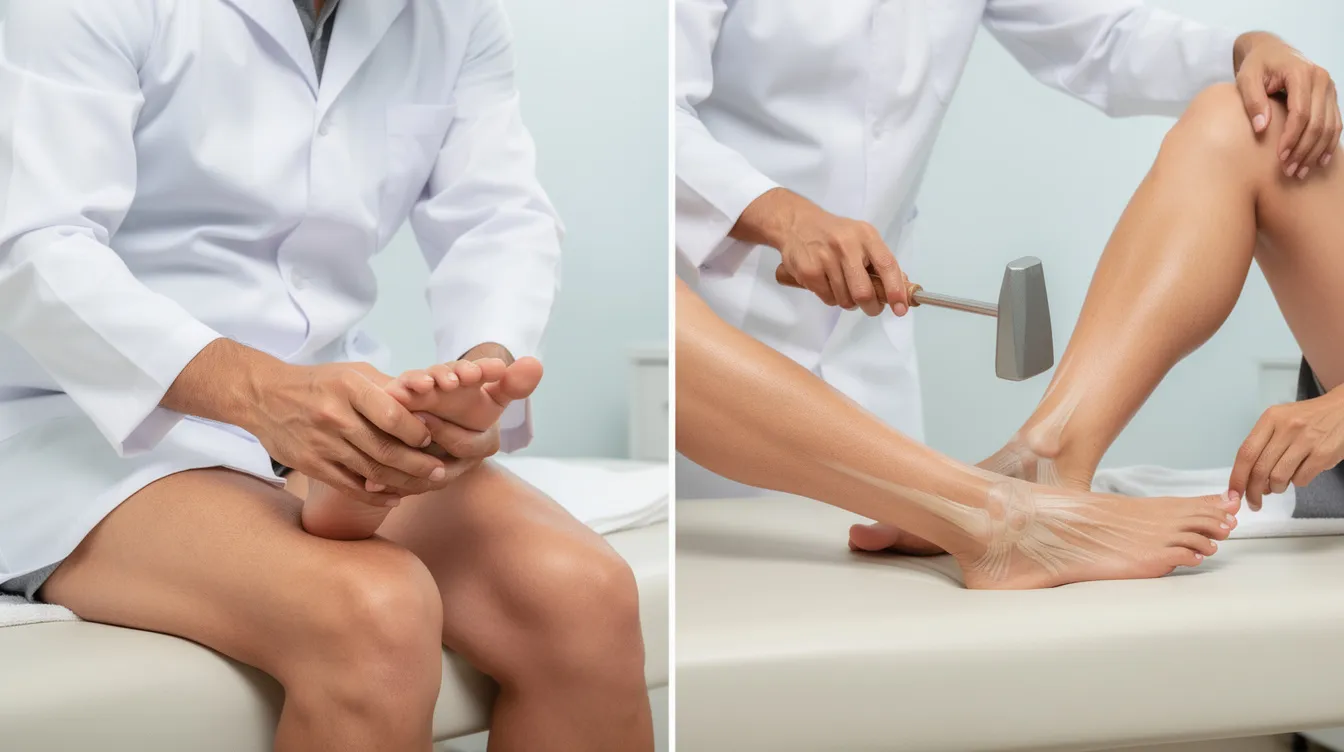 The image depicts a healthcare professional performing a neurological examination, focusing on the foot dorsiflexion strength test and reflex assessment to evaluate nerve function and identify potential issues related to sciatica symptoms, such as leg pain or muscle weakness. This demonstration is crucial for diagnosing conditions that may involve nerve compression or damage along the sciatic nerve pathway.
