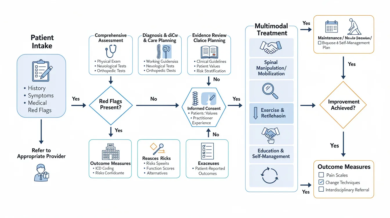 A flowchart illustrates the evidence-based chiropractic treatment process, detailing steps from patient intake through physical examination, diagnostic reasoning, and final diagnosis, emphasizing the importance of clinical reasoning skills and patient safety in achieving optimal patient outcomes. This visual guide serves as a resource for healthcare professionals and medical students to enhance their understanding of effective patient care strategies.