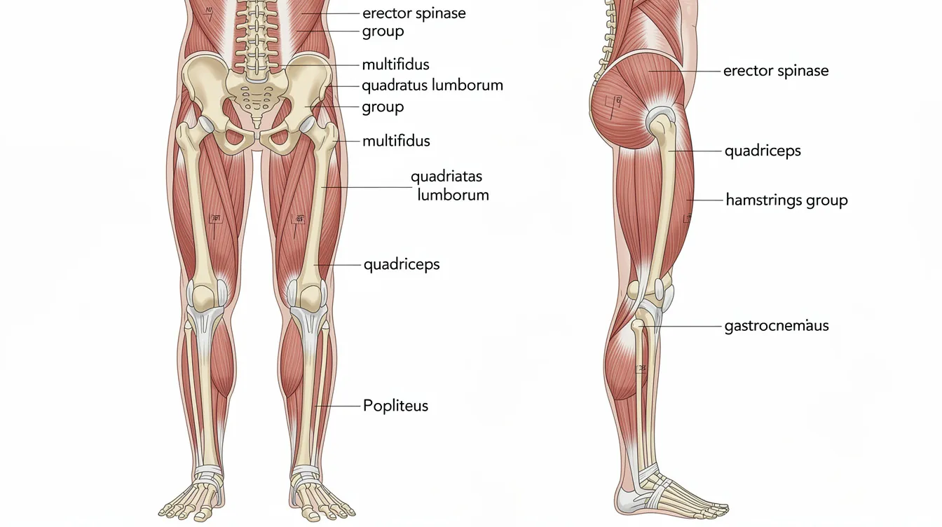 The anatomical illustration depicts various muscle groups that support the spine and knee joints, highlighting their role in managing chronic pain and promoting healing. It emphasizes the importance of gentle movement and strengthening muscles to reduce stiffness and improve function, rather than relying solely on rest, which can sometimes lead to more pain and discomfort.