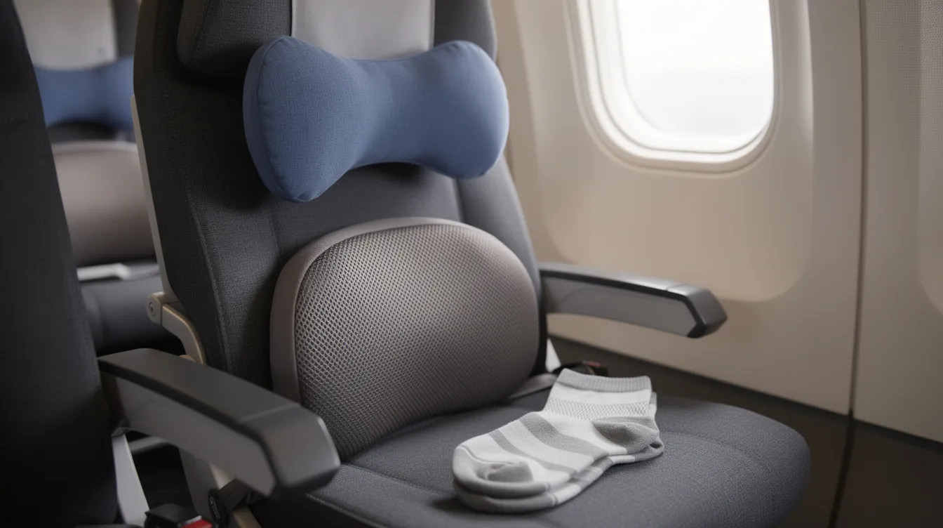 The image depicts an ergonomic travel setup on an airplane seat, featuring a lumbar cushion, a neck pillow, and compression socks, designed to enhance comfort for senior travelers during long haul flights. This setup addresses health and mobility issues, ensuring a more enjoyable travel experience for older adults.