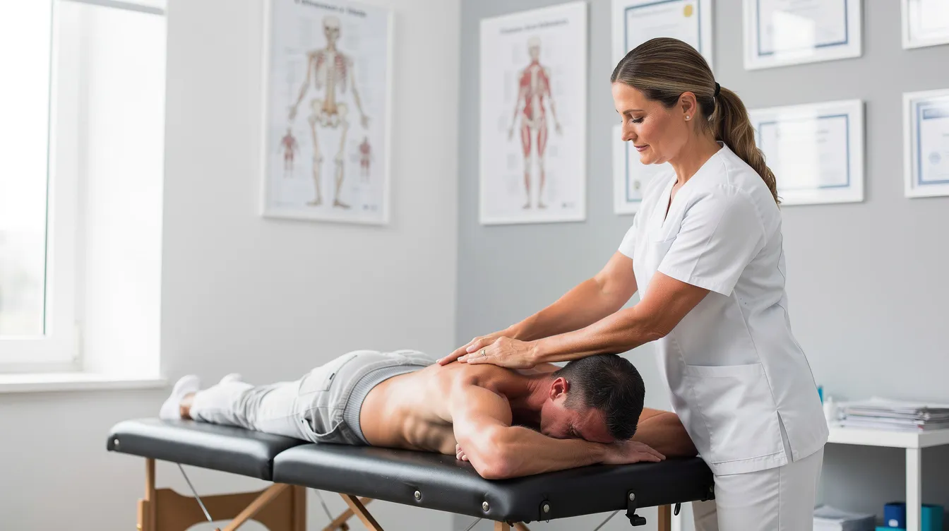 A licensed chiropractor is performing a spinal adjustment on a patient lying on a treatment table, focusing on spinal health to alleviate chronic pain and improve overall function. This chiropractic treatment aims to enhance the nervous system's health, contributing to long-term mobility and confidence.