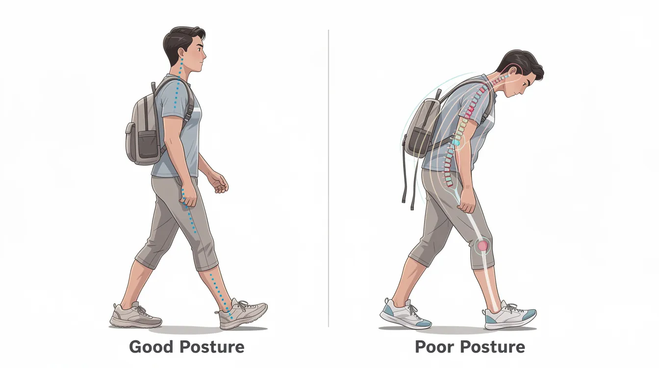 The image shows a side-by-side comparison of two walking postures: one person standing upright with an aligned posture, and another leaning forward in a slouched position, both wearing small backpacks. This visual highlights the importance of maintaining good physical health for senior travelers, as proper posture can significantly impact mobility and comfort during trips.