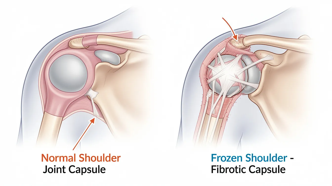 The image displays a side-by-side comparison of a normal shoulder joint capsule and a thickened fibrotic capsule characteristic of frozen shoulder, also known as adhesive capsulitis. This visual highlights the key differences in joint capsule structure, which can help in understanding shoulder conditions and diagnosing issues like frozen shoulder versus rotator cuff injuries.