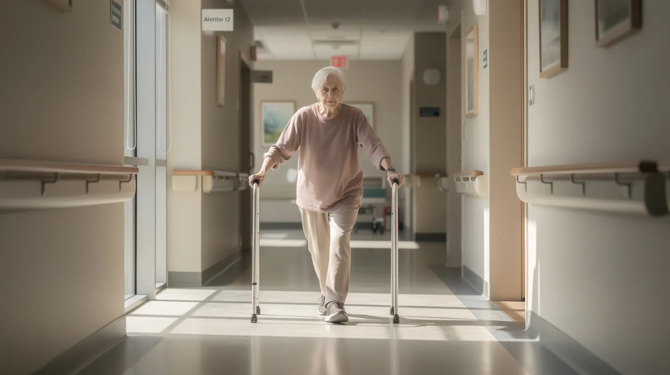 An elderly person is walking carefully along a corridor with handrails, sunlight streaming through the windows, reflecting their determination in the ongoing recovery journey after severe trauma. This supportive environment promotes healing and emphasizes the importance of physical rehabilitation and emotional wellbeing.