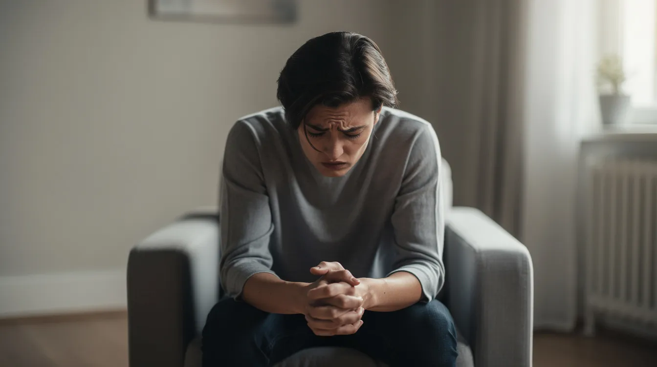 A person sits alone, visibly stressed with tense posture, against a calm indoor background, illustrating the psychological impact of chronic pain on mental health. This scene highlights the importance of a holistic approach to well-being and the need for coping skills to manage stress and anxiety.