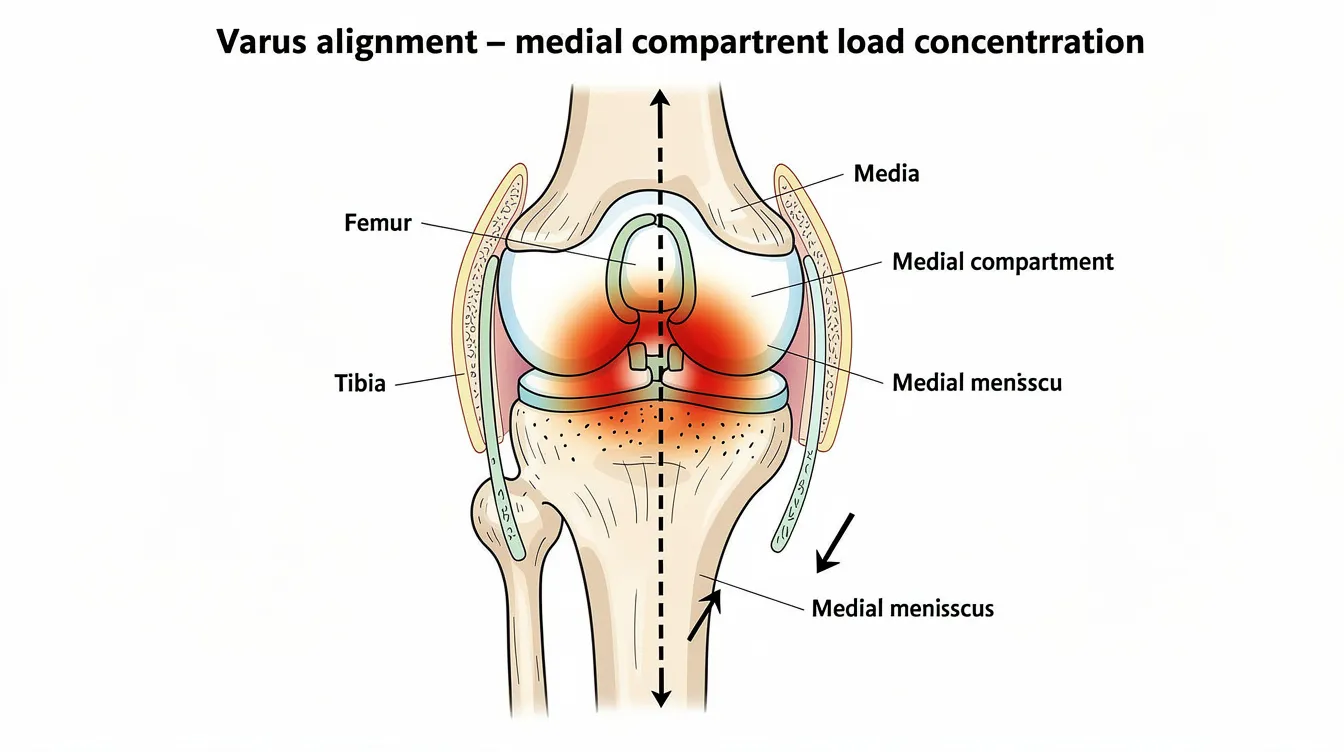 This cross-section diagram of a knee joint illustrates the load concentration in the medial compartment during varus alignment, highlighting how improper knee alignment can lead to increased joint stress and potentially exacerbate knee pain and conditions like knee osteoarthritis. Understanding this alignment is crucial for maintaining knee health and preventing further damage.