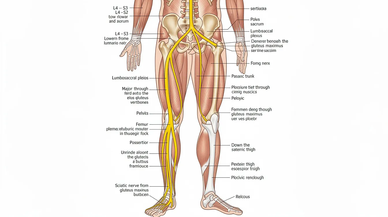 This anatomical illustration depicts the sciatic nerve pathway, illustrating how the nerve travels from the lumbar spine, through the buttock, and down the leg. It highlights key areas where sciatica symptoms, such as leg pain and muscle weakness, may occur due to nerve compression or irritation.