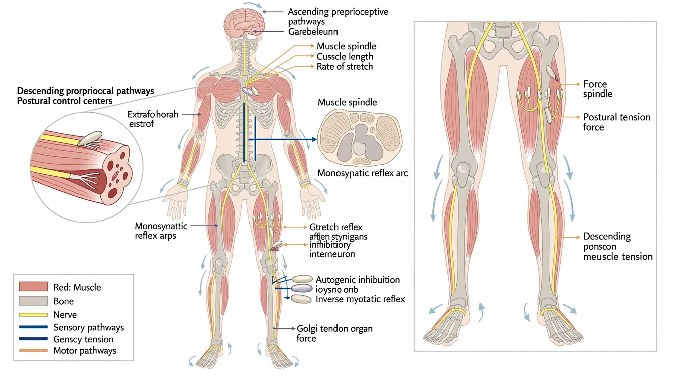 The diagram illustrates proprioceptive feedback loops, highlighting muscle spindles and Golgi tendon organs, which play crucial roles in postural control. It emphasizes how chronic stress leads to poor posture, muscle imbalances, and associated physical symptoms like neck pain and tension headaches, underscoring the importance of managing stress for musculoskeletal health.