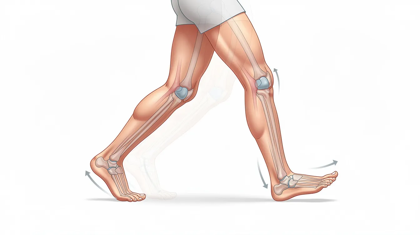 The image depicts a side view of human legs in motion, illustrating proper foot positioning and knee alignment during a normal gait cycle. This visual representation highlights the importance of biomechanics in walking, emphasizing how poor foot mechanics can lead to knee pain and other complications.