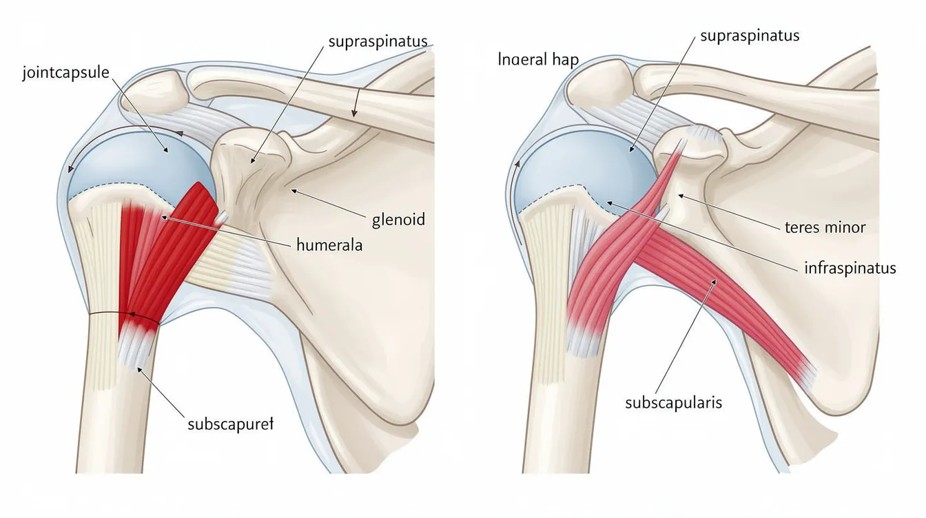 The image is an anatomical diagram depicting the shoulder joint structure, with the joint capsule and rotator cuff muscles clearly highlighted. This illustration provides valuable diagnostic clues for understanding shoulder conditions, including rotator cuff injuries and frozen shoulder, which can cause persistent shoulder pain and restricted movement.