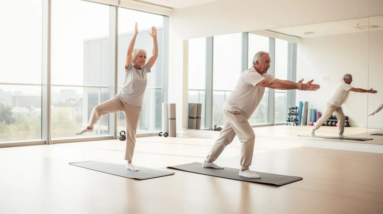 Two seniors are engaged in balance exercises on exercise mats in a bright fitness studio, promoting their physical health and well-being, which is essential for older travelers looking to maintain mobility during their adventures. This activity highlights the importance of staying active and fit, especially for senior citizens planning to explore multiple destinations.