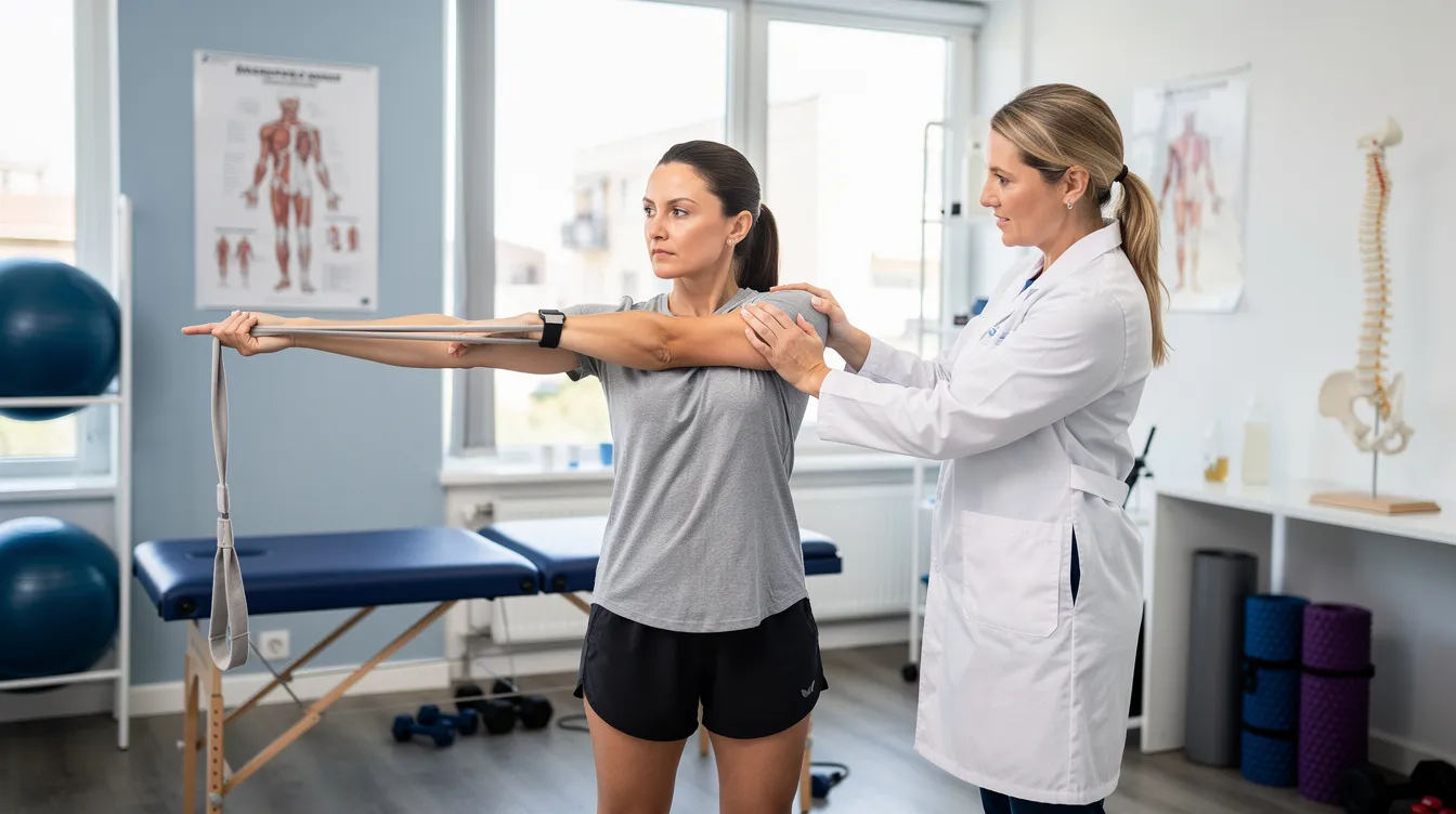 A patient is seen performing guided shoulder rehabilitation exercises under the supervision of a chiropractor, focusing on improving shoulder mobility and addressing issues related to rotator cuff injuries. The scene highlights the importance of physical therapy in treating shoulder pain, such as that caused by frozen shoulder or rotator cuff tears.