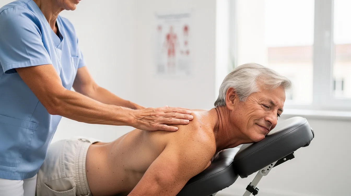 An older adult is receiving a gentle chiropractic spinal adjustment in a bright clinical setting, highlighting the importance of chiropractic care in maintaining balance and preventing falls. This image emphasizes the role of healthcare professionals in improving overall well-being and reducing the risk factors associated with falls in seniors.