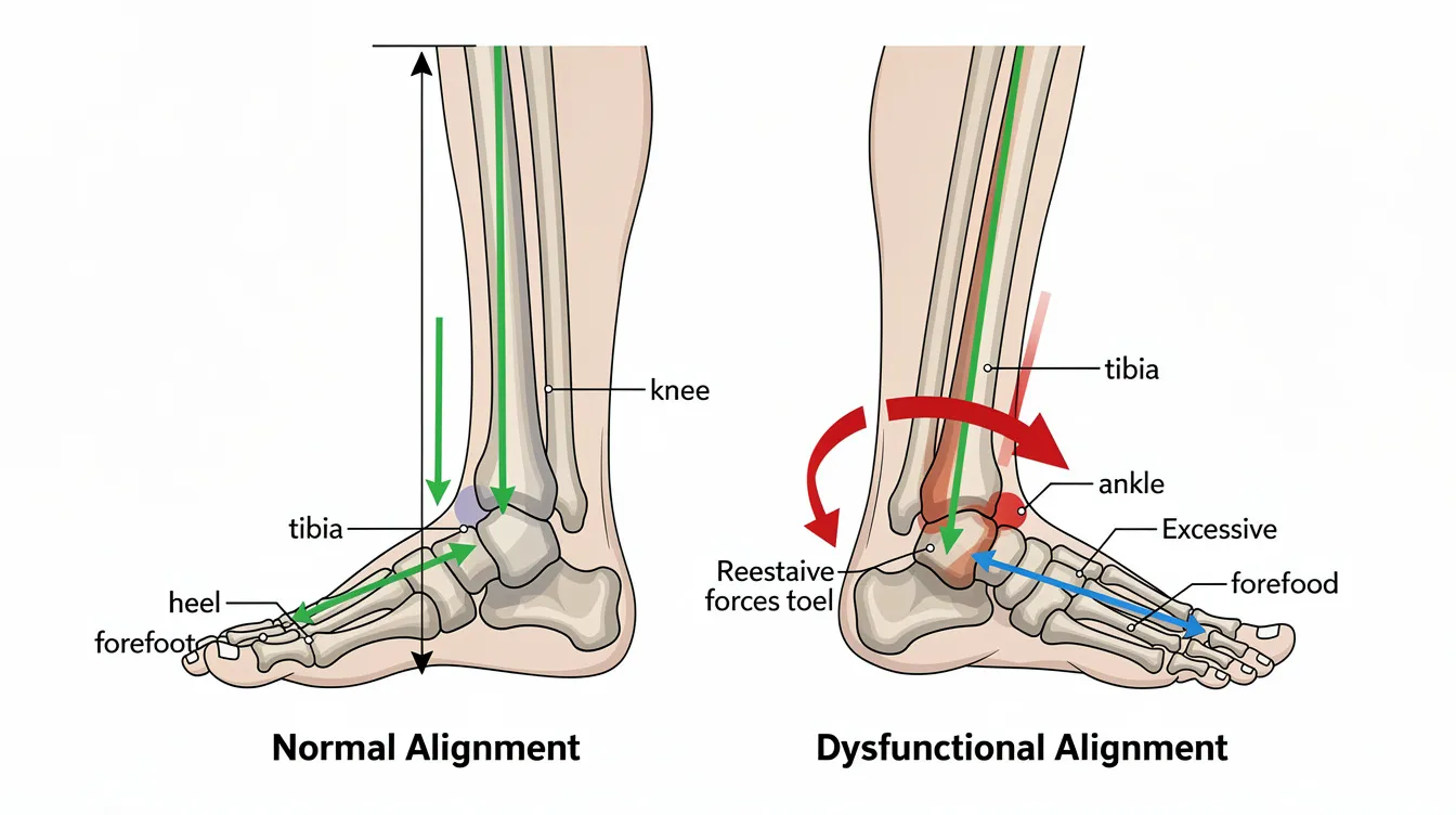The anatomical diagram illustrates the alignment of the foot, ankle, and knee in both normal and dysfunctional positions, highlighting the impact of poor biomechanics on walking patterns. Force arrows indicate how abnormalities, such as flat feet or spastic gait, can contribute to knee pain and affect overall mobility.