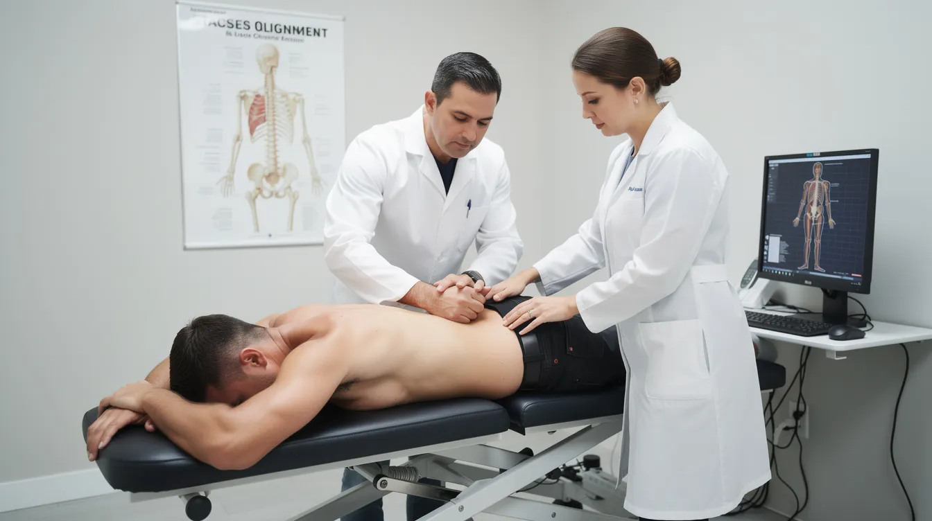 A patient is receiving a chiropractic spinal adjustment in a clinical setting, where the chiropractor is assessing proper posture alignment to help manage chronic low back pain. This treatment option aims to provide relief from pain and address the root cause of discomfort without relying on pain medicine or opioids.