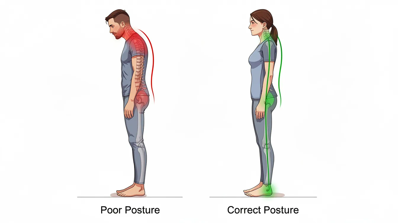 The image displays a side-by-side comparison of a person exhibiting poor spinal alignment on one side and the same individual demonstrating corrected upright posture on the other. This visual emphasizes the importance of proper posture in managing chronic lower back pain and highlights how physical therapy can provide significant pain relief and improve overall health.