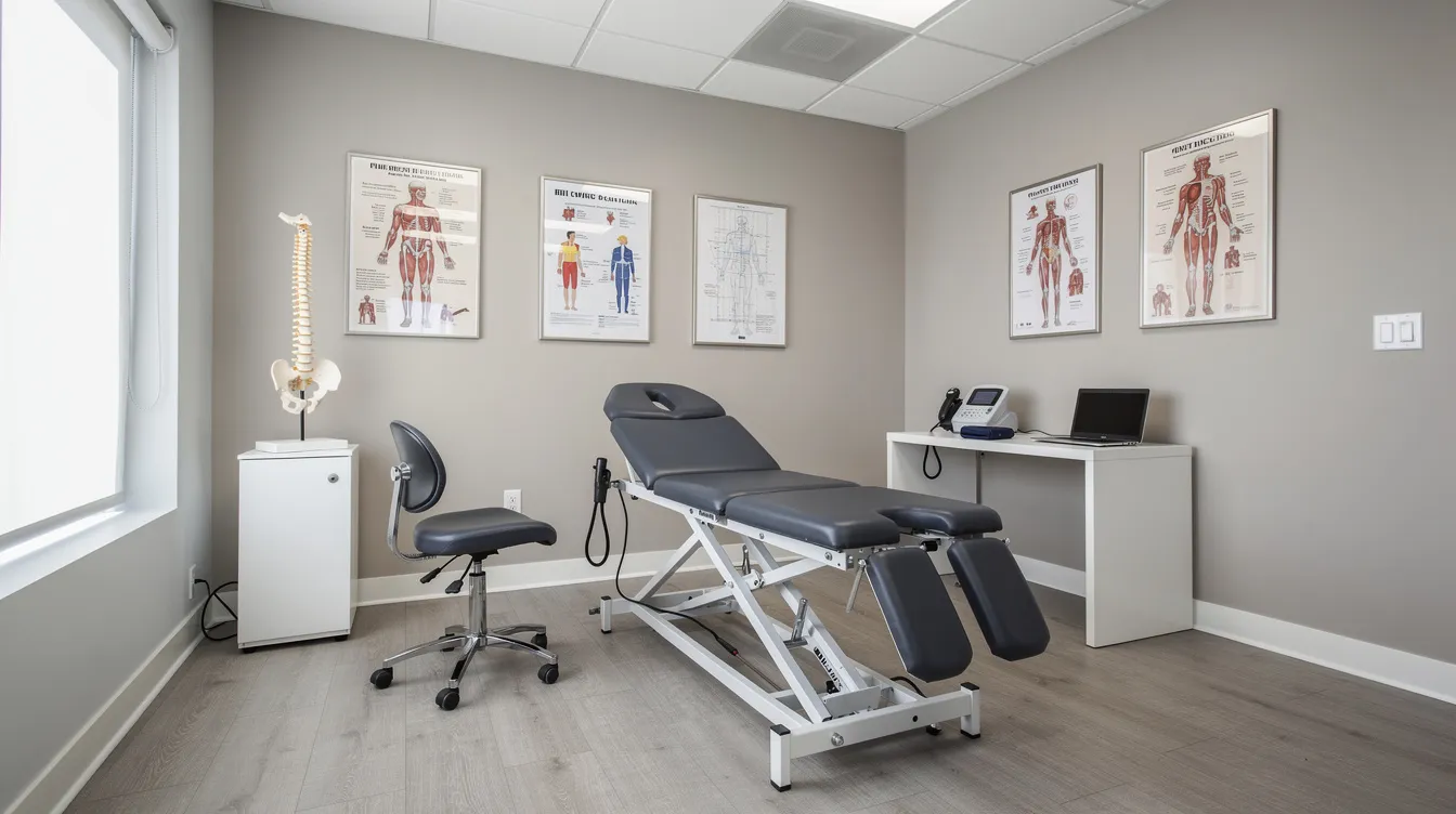 The image depicts a professional chiropractic treatment room featuring an adjustment table and various assessment equipment, designed to support fall prevention strategies for older adults. The environment emphasizes the importance of maintaining balance and reducing fall risk through chiropractic care and exercises aimed at improving muscle strength and overall well-being.