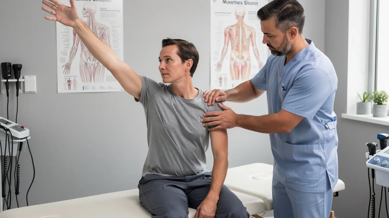 A chiropractor is conducting a shoulder examination with a patient, focusing on assessing the range of motion and strength of the affected shoulder. This evaluation helps identify potential shoulder conditions such as rotator cuff injuries or frozen shoulder, providing valuable diagnostic clues for appropriate treatment.