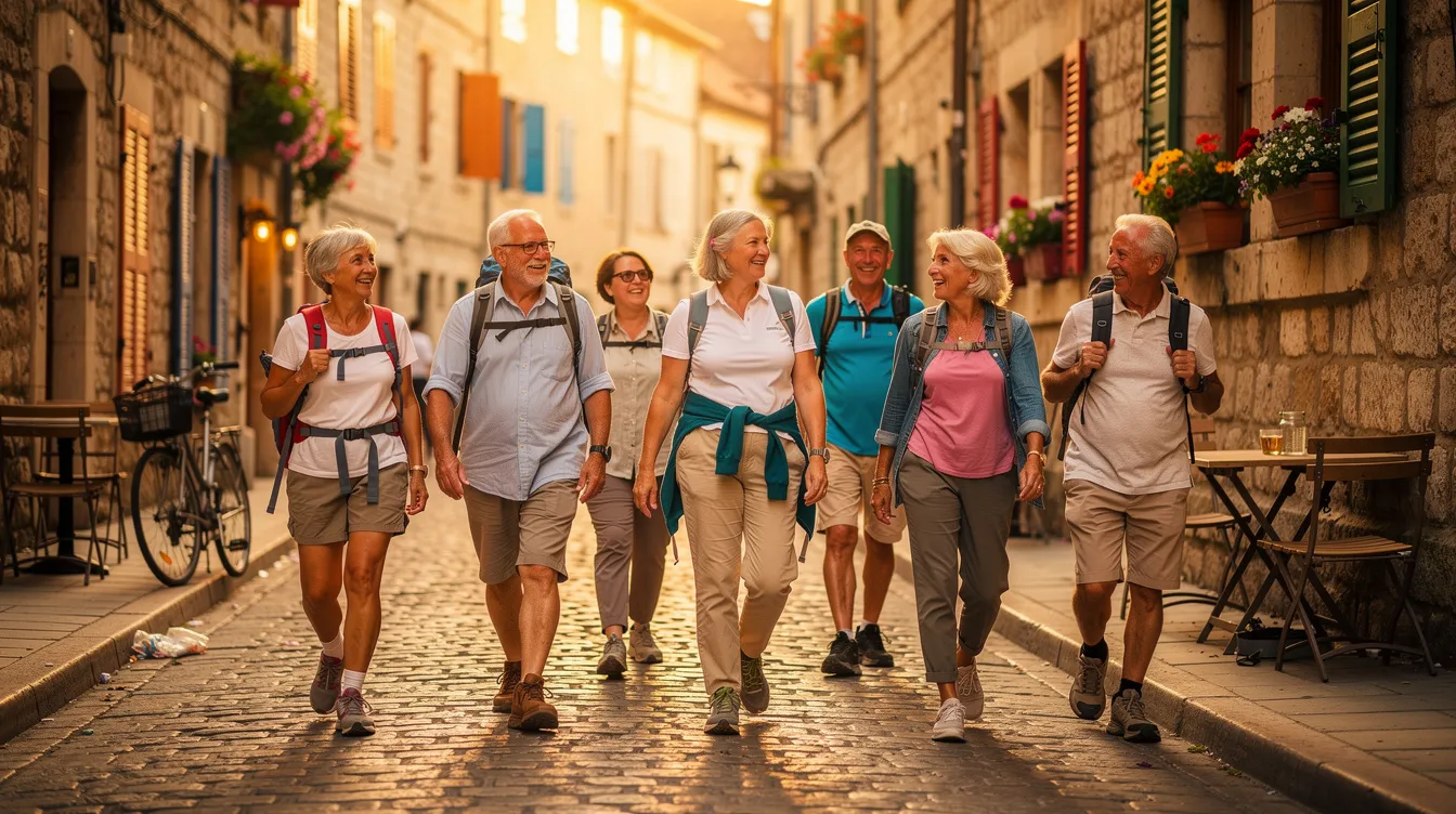 A group of active senior travelers strolls through a picturesque European city street, wearing comfortable shoes and carrying lightweight backpacks. They enjoy the local culture and tourist attractions while maintaining a relaxed pace, ensuring their physical health and well-being during their journey.
