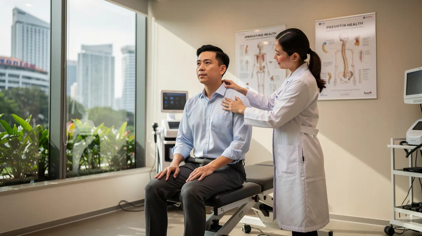 An active professional in Singapore is receiving a preventive spinal assessment in a modern chiropractic clinic, emphasizing the importance of maintaining spinal health and proper alignment to prevent future spinal problems and chronic pain conditions. The setting reflects a proactive approach to chiropractic care, aimed at enhancing overall well-being and physical health.