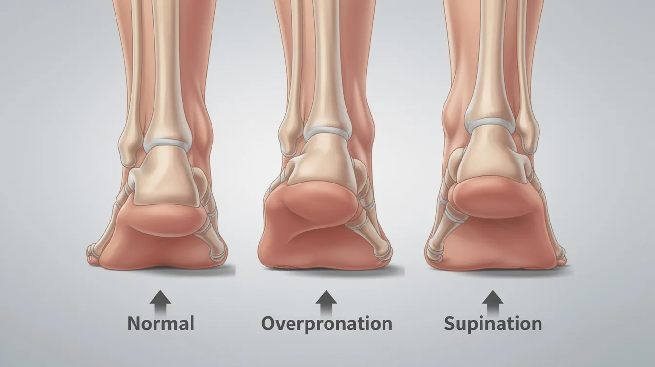 The image shows a rear view comparison of three foot positions: normal, overpronated, and supinated. This illustration highlights how abnormal gait mechanics can contribute to knee pain and other discomforts, emphasizing the importance of proper footwear and potential treatments like custom orthotics for improved walking patterns.